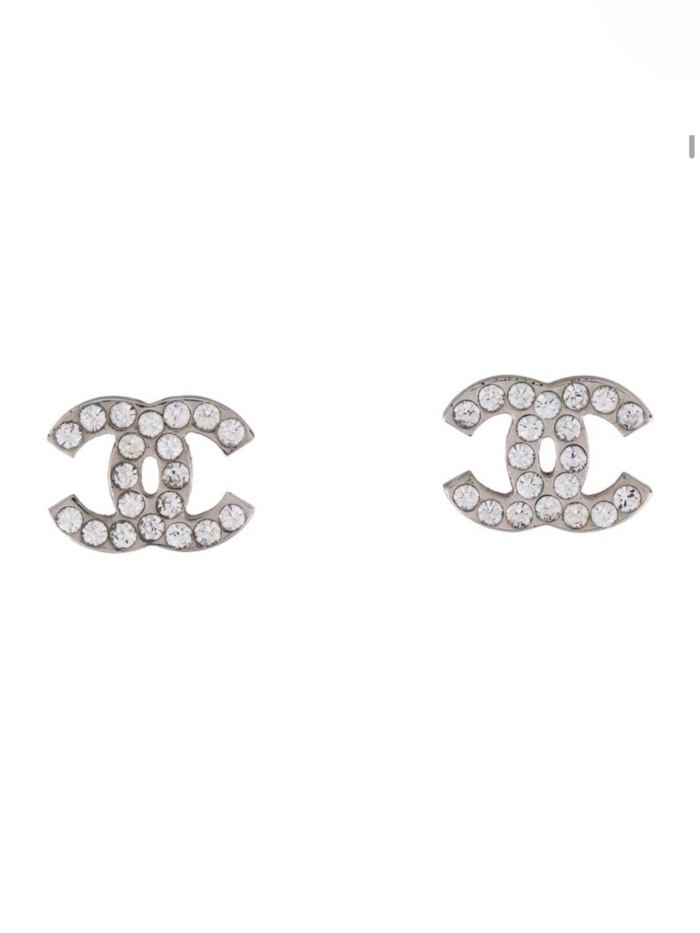 CHANEL Silver Double C Crystal Logo Stud Earrings